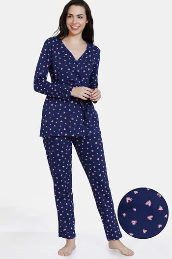 Buy Zivame Trendy Basics Knit Cotton Pyjama Set - Medieval Blue